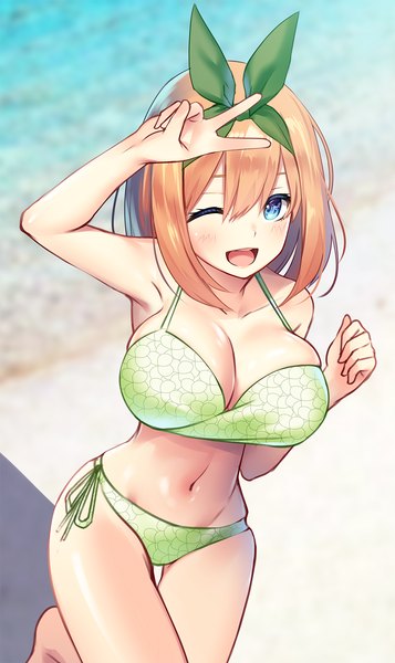 Anime picture 960x1612 with go-toubun no hanayome nakano yotsuba kakaon single tall image looking at viewer blush fringe short hair breasts open mouth blue eyes light erotic smile hair between eyes large breasts standing bare shoulders cleavage outdoors