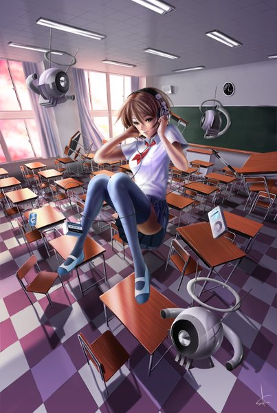 Anime picture 1000x1489 with original saku single tall image looking at viewer short hair brown hair brown eyes signed checkered floor classroom weightlessness girl thighhighs skirt uniform school uniform miniskirt serafuku window