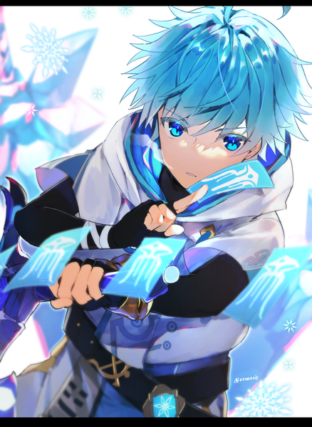 Anime picture 1649x2258 with genshin impact chongyun (genshin impact) azna single tall image short hair blue eyes signed blue hair ahoge twitter username letterboxed exhalation boy gloves weapon sword fingerless gloves snowflake (snowflakes) ofuda