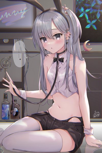Anime picture 900x1351 with original maruma (maruma gic) single long hair tall image fringe breasts open mouth hair between eyes sitting signed animal ears payot looking away bent knee (knees) indoors head tilt fingernails grey hair mole