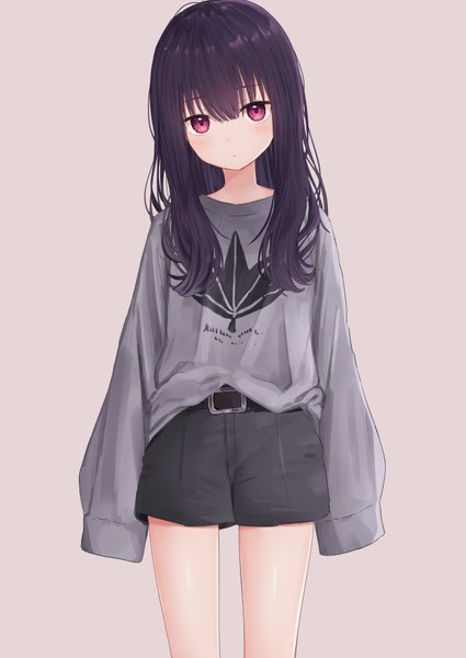 Anime picture 2508x3541 with original zuima single long hair tall image looking at viewer blush fringe highres simple background hair between eyes standing purple hair long sleeves head tilt pink eyes expressionless hands in sleeves girl shorts