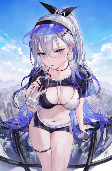 Anime picture 3278x5000 with honkai: star rail honkai (series) silver wolf (honkai: star rail) qiandaiyiyu single long hair tall image looking at viewer blush fringe highres breasts open mouth light erotic hair between eyes large breasts standing holding absurdres sky