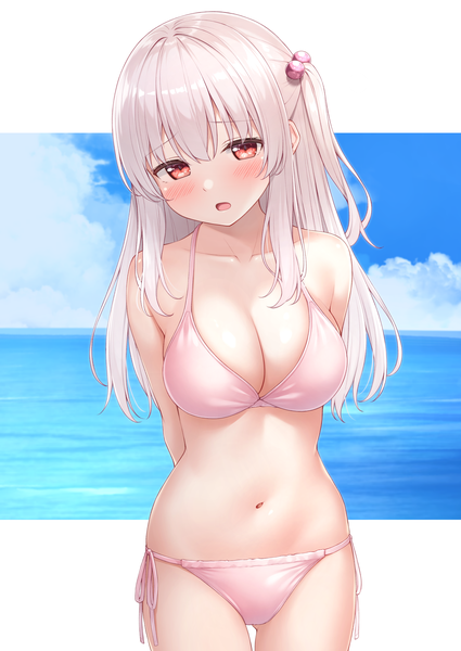 Anime picture 2508x3541 with original tisshu (karutamo) karutamo single long hair tall image looking at viewer blush fringe highres breasts open mouth light erotic red eyes large breasts standing sky cleavage cloud (clouds) white hair