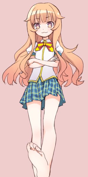 Anime picture 596x1200 with gj-bu doga kobo amatsuka mao matsuryuu single long hair tall image looking at viewer blush simple background brown eyes barefoot orange hair bare legs plaid skirt crossed arms pink background :3 girl skirt