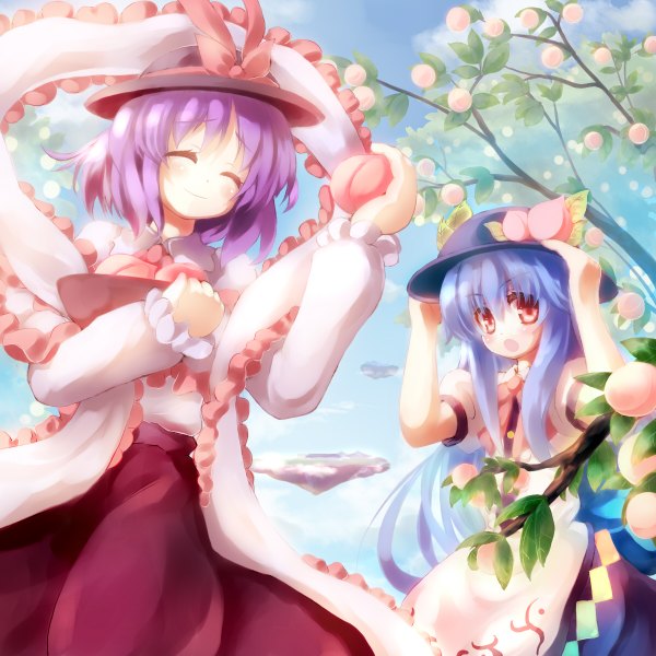 Anime picture 1200x1200 with touhou hinanawi tenshi nagae iku gengetsu chihiro long hair blush short hair open mouth smile red eyes multiple girls holding blue hair purple hair eyes closed girl 2 girls food frills fruit