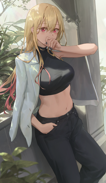 Anime picture 3033x5233 with sono bisque doll wa koi wo suru cloverworks kitagawa marin free style (yohan1754) single long hair tall image looking at viewer fringe highres breasts blonde hair hair between eyes red eyes standing absurdres nail polish arm up fingernails midriff