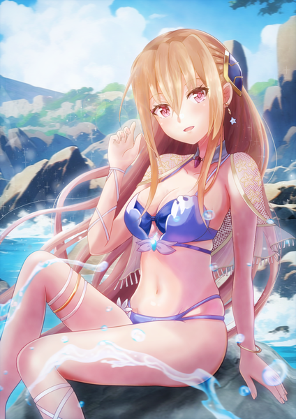 Anime picture 1240x1754 with heaven burns red shirakawa yuina asukamama89 single long hair tall image looking at viewer fringe breasts light erotic blonde hair hair between eyes sitting sky cloud (clouds) outdoors pink eyes girl hair ornament swimsuit