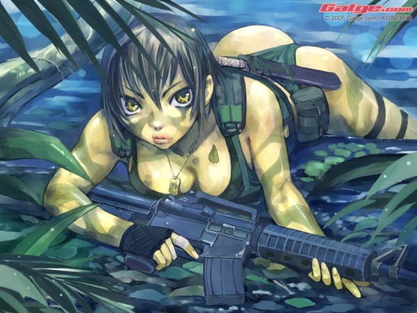 Anime picture 1280x960 with galge.com light erotic yellow eyes nature camouflage girl gloves gun knife rifle assault rifle dog tags m4 carbine jungle yamada hideki commando mud