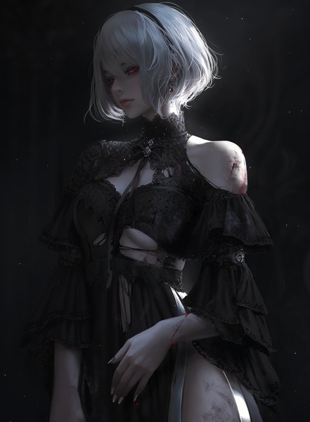Anime picture 4408x6000 with nier nier:automata yorha no. 2 type b nixeu single tall image fringe highres short hair light erotic hair between eyes red eyes standing looking away absurdres silver hair nail polish fingernails lips realistic