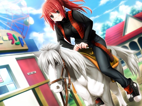 Anime picture 1200x900 with cthulhu - great hunting long hair yellow eyes game cg red hair girl animal horse