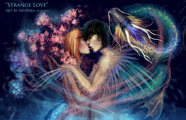 Anime picture 1000x648 with original akubaka blush short hair light erotic black hair red eyes eyes closed profile horn (horns) orange hair inscription couple piercing glowing topless kiss girl boy flower (flowers)