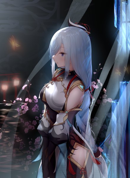 Anime picture 2200x3000 with genshin impact shenhe (genshin impact) guo582 single long hair tall image blush fringe highres breasts open mouth blue eyes standing looking away silver hair braid (braids) profile puffy sleeves cherry blossoms single braid