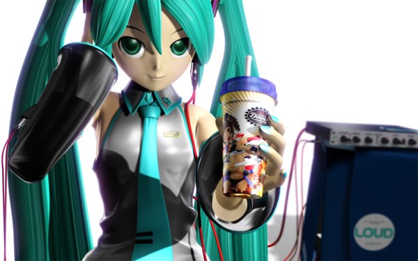 Anime picture 1920x1200 with vocaloid hatsune miku redjuice long hair highres wide image twintails green eyes green hair 3d mikumikudance girl necktie food headphones drink tripshots