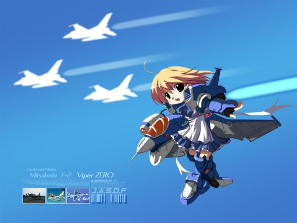 Anime picture 1024x768 with smile brown hair brown eyes ahoge military mecha musume armor apron aircraft airplane jet f-2 product girl