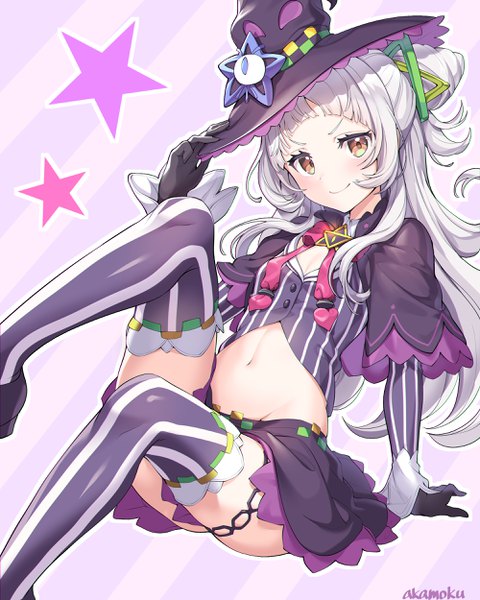Anime picture 2000x2500 with virtual youtuber hololive murasaki shion murasaki shion (1st costume) akamoku single long hair tall image looking at viewer blush highres light erotic smile sitting brown eyes signed silver hair arm support midriff hair bun (hair buns)