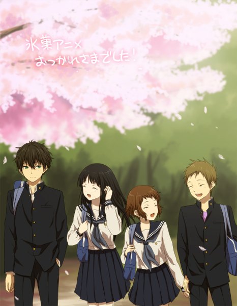 Anime picture 1000x1286 with hyouka kyoto animation chitanda eru oreki houtarou ibara mayaka fukube satoshi rito453 long hair tall image blush short hair open mouth black hair smile brown hair multiple girls green eyes eyes closed cherry blossoms girl