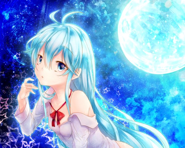 Anime picture 3000x2400 with denpa onna to seishun otoko shaft (studio) touwa erio kyara36 single long hair highres blue eyes bare shoulders blue hair absurdres ahoge girl shirt star (symbol) moon full moon