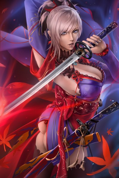 Anime-Bild 2800x4200 mit fate (series) fate/grand order miyamoto musashi (fate) wtparadiseart single tall image looking at viewer fringe highres short hair breasts blue eyes light erotic hair between eyes large breasts standing holding signed pink hair cleavage