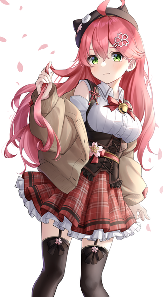 Anime picture 1321x2400 with virtual youtuber hololive sakura miko sakura miko (casual) tsurupy single long hair tall image fringe hair between eyes white background green eyes looking away pink hair ahoge official alternate costume plaid skirt playing with hair girl thighhighs