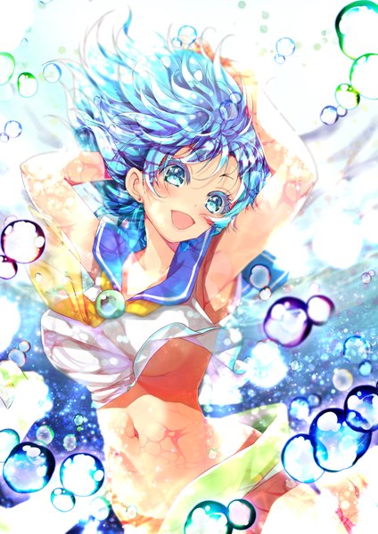 Anime picture 1200x1697 with cafe-chan to break time porurin single long hair tall image looking at viewer blush fringe breasts open mouth blue eyes light erotic hair between eyes large breasts blue hair :d arms up armpit (armpits) midriff sleeveless
