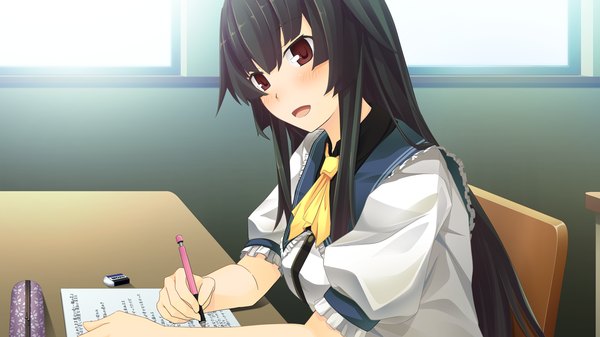 Anime picture 1280x720 with natsuiro asagao residence long hair blush open mouth black hair red eyes wide image game cg girl uniform school uniform