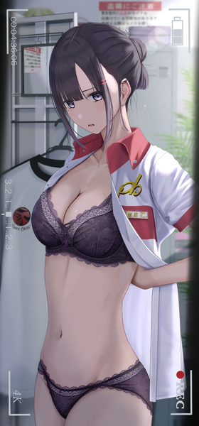 Anime picture 956x2047 with original inaka 44 single tall image looking at viewer fringe short hair breasts open mouth light erotic black hair standing purple eyes payot cleavage blunt bangs mole open shirt mole under eye lens flare