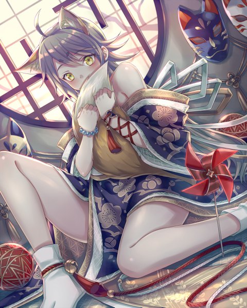 Anime picture 2000x2497 with original zoff (daria) single tall image looking at viewer blush fringe highres short hair hair between eyes sitting animal ears yellow eyes silver hair ahoge bent knee (knees) indoors tail traditional clothes japanese clothes