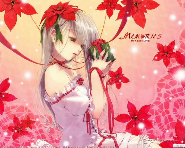 Anime picture 1280x1024 with memories off silver hair hair flower girl hair ornament flower (flowers) ribbon (ribbons) gift