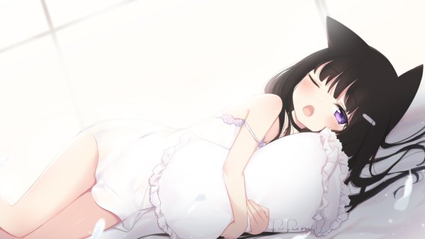 Anime picture 1920x1080 with original fufumi single long hair looking at viewer blush fringe highres open mouth black hair wide image purple eyes signed animal ears lying one eye closed cat ears bare legs loli fang (fangs)