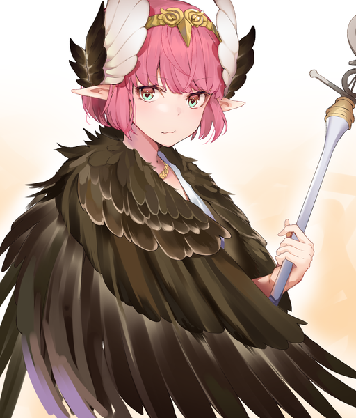 Anime picture 1825x2136 with fate (series) fate/grand order circe (fate/grand order) black cola single tall image looking at viewer fringe highres short hair simple background pink hair upper body blunt bangs aqua eyes pointy ears symbol-shaped pupils head wings heart-shaped pupils girl