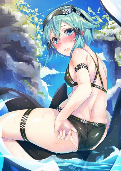 Anime picture 849x1200 with sword art online a-1 pictures asada shino hinasaki you single tall image looking at viewer blush short hair open mouth blue eyes light erotic blue hair looking back back girl swimsuit bikini black bikini goggles
