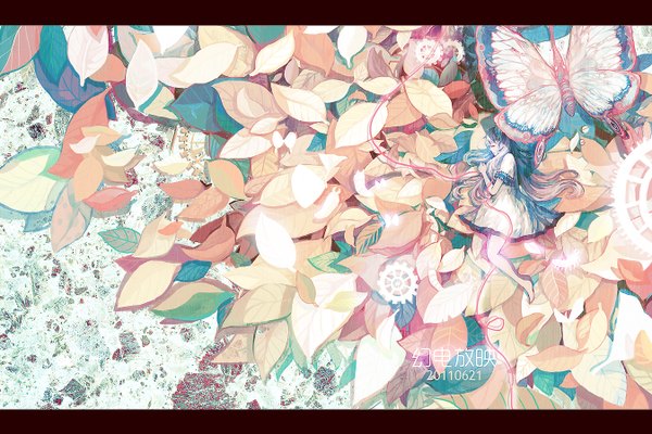 Anime picture 1348x900 with original sarnath single long hair eyes closed multicolored hair barefoot girl dress leaf (leaves) insect butterfly thread gears red thread