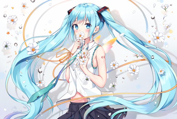 Anime picture 1559x1053 with vocaloid hatsune miku douya (233) single looking at viewer blush blue eyes simple background white background bare shoulders holding payot blue hair very long hair pleated skirt bare belly shadow tattoo sleeveless gradient background