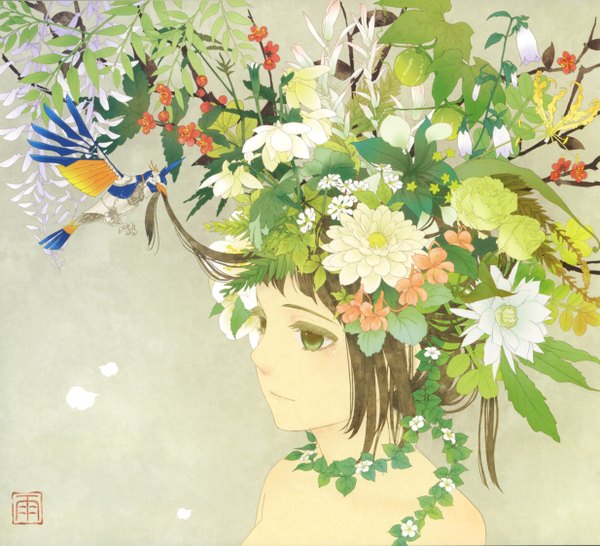 Anime picture 2465x2247 with original pixiv girls collection ame (conronca) long hair highres short hair simple background brown hair bare shoulders green eyes hair flower grey background girl hair ornament flower (flowers) plant (plants) animal petals bird (birds) branch