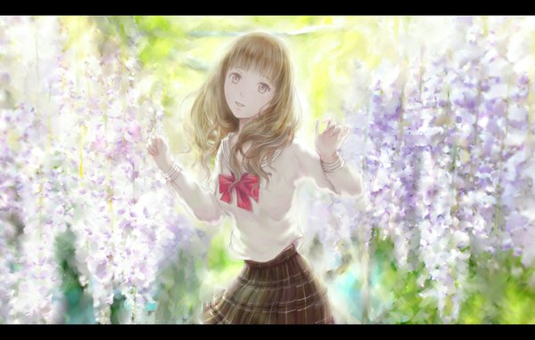 Anime picture 1000x637 with original nuwanko single long hair open mouth blonde hair yellow eyes plaid skirt girl uniform flower (flowers) school uniform wisteria
