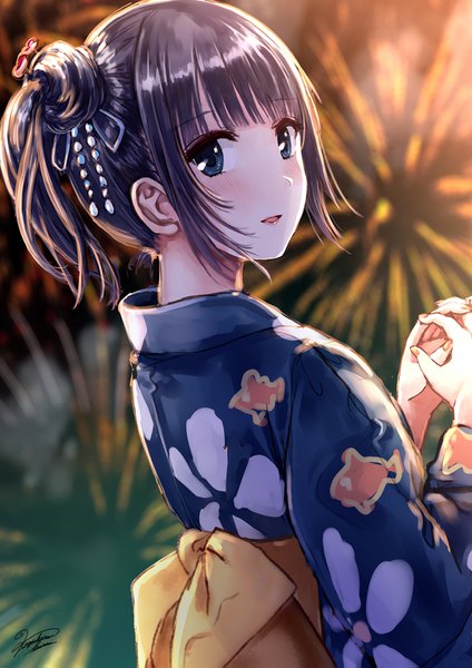 Anime picture 1080x1527 with original kazuharu kina single tall image looking at viewer blush fringe short hair blue eyes black hair signed payot upper body blunt bangs traditional clothes parted lips japanese clothes looking back blurry night