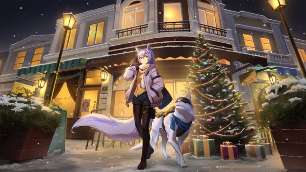 Anime picture 2560x1440 with arknights provence (arknights) lunn single looking at viewer fringe highres short hair hair between eyes wide image standing signed animal ears yellow eyes purple hair full body outdoors tail animal tail light smile