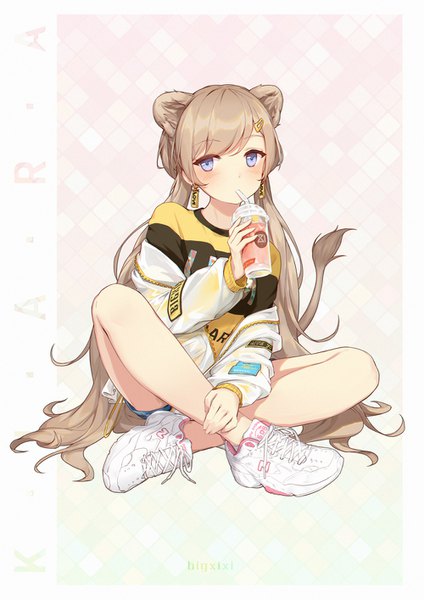 Anime picture 1000x1414 with original new balance kiara (maou renjishi) bigxixi single long hair tall image looking at viewer blush fringe blue eyes simple background brown hair sitting twintails holding signed animal ears full body tail