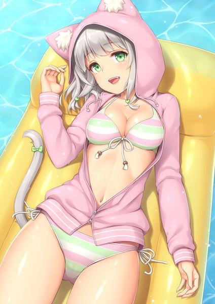 Anime picture 870x1230 with original sasaame single tall image looking at viewer blush fringe short hair breasts open mouth light erotic smile large breasts green eyes cleavage silver hair tail lying long sleeves :d