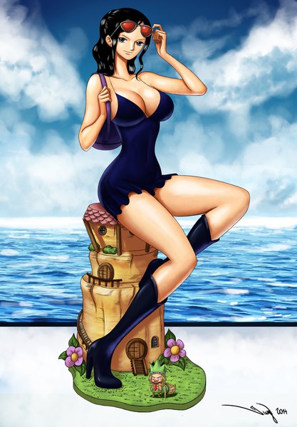 Anime picture 696x1000 with one piece toei animation nico robin leo (one piece) iury padilha long hair tall image looking at viewer breasts blue eyes light erotic black hair smile large breasts sitting holding signed sky cleavage cloud (clouds)