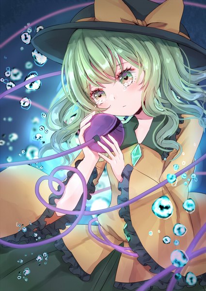 Anime picture 650x918 with touhou komeiji koishi jaku sono single long hair tall image green eyes looking away green hair tears symbol-shaped pupils underwater heart-shaped pupils heart of string girl hat heart bubble (bubbles) eyeball