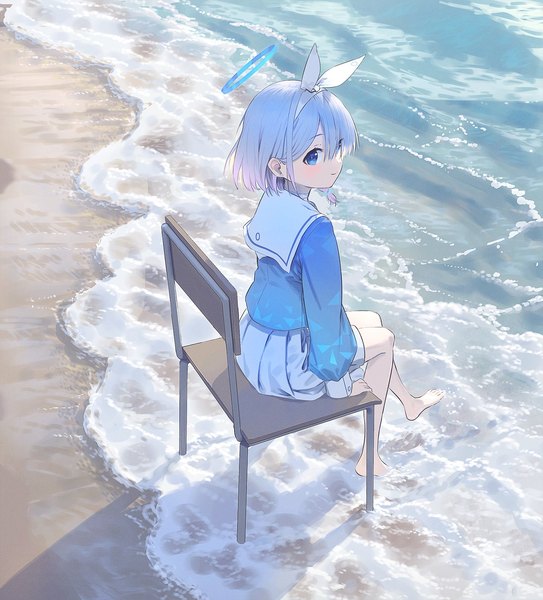 Anime picture 1447x1600 with blue archive arona (blue archive) wasabi60 single tall image blush fringe short hair blue eyes sitting silver hair full body outdoors barefoot from above hair over one eye bare legs beach girl uniform