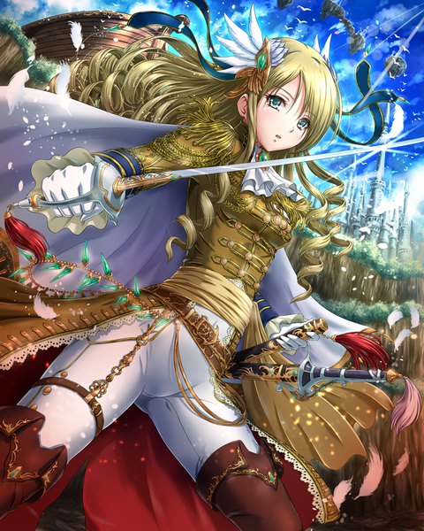 Anime picture 800x1000 with tenkuu no crystalia sakiyamama single long hair tall image looking at viewer blush fringe breasts open mouth blonde hair hair between eyes standing holding sky cloud (clouds) outdoors aqua eyes wind official art