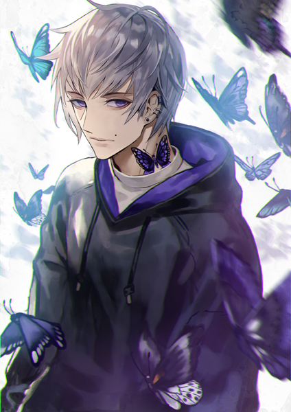 Anime picture 707x1000 with original terai (teraimorimori) single tall image looking at viewer fringe short hair hair between eyes purple eyes upper body grey hair mole tattoo piercing ear piercing expressionless boy hood insect butterfly