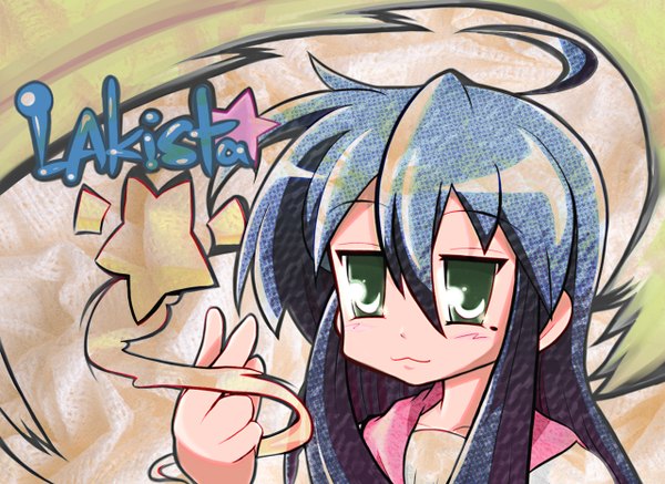 Anime picture 1280x934 with lucky star kyoto animation izumi konata drpow (artist) single long hair green eyes blue hair ahoge wallpaper copyright name :3 girl star (symbol)