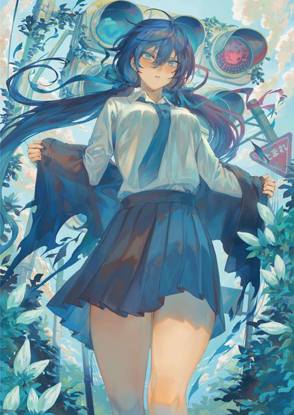 Anime picture 2150x3036 with original melonbooks mashuu (neko no oyashiro) single long hair tall image looking at viewer blush fringe highres blue eyes black hair hair between eyes standing twintails sky cloud (clouds) outdoors parted lips pleated skirt