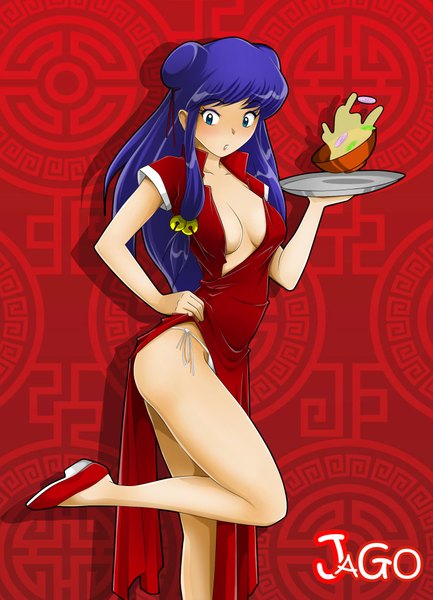 Anime picture 1476x2044 with ranma 1/2 shampoo (ranma 1/2) jagodibuja single tall image open mouth blue eyes light erotic purple hair traditional clothes shadow hand on hip looking down girl dress underwear panties food tray plate