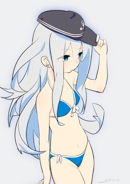 Anime picture 636x900 with kantai collection hibiki destroyer sohin single long hair tall image blush blue eyes light erotic simple background signed blue hair looking away from above grey background girl swimsuit bikini flat cap anchor symbol