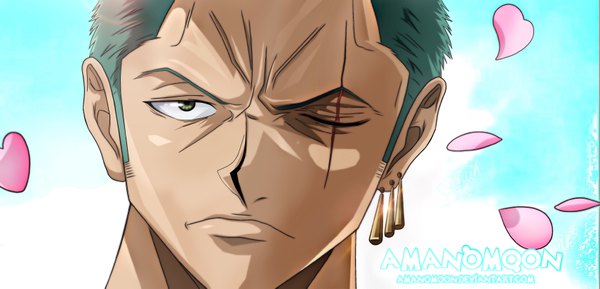 Anime picture 6840x3304 with one piece toei animation roronoa zoro amanomoon single looking at viewer highres short hair wide image green eyes signed absurdres one eye closed green hair piercing coloring ear piercing scar face boy
