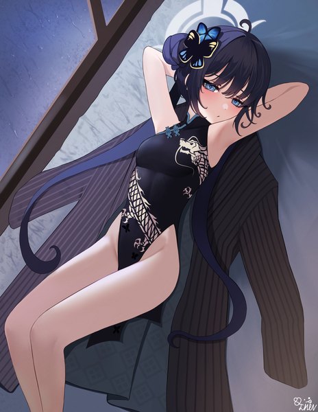 Anime picture 3689x4773 with blue archive kisaki (blue archive) 82jhin single long hair tall image looking at viewer blush fringe highres breasts blue eyes light erotic black hair signed absurdres ahoge lying blunt bangs traditional clothes
